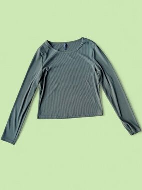 Pretty Garden Ribbed Long-Sleeve Crewneck Top in Sage